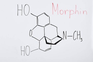 laboratuvarda kimyasal formül ve yazı morfinile beyaz tahta üst görünümü 