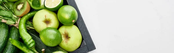 Panoramic Shot Peppers Kiwi Apples Limes Greenery Wooden Box — Stock Photo, Image