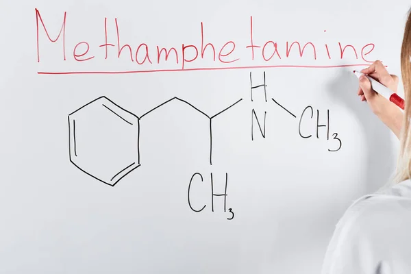 Cropped View Woman Writing Methamphetamine White Board — Stock Photo, Image