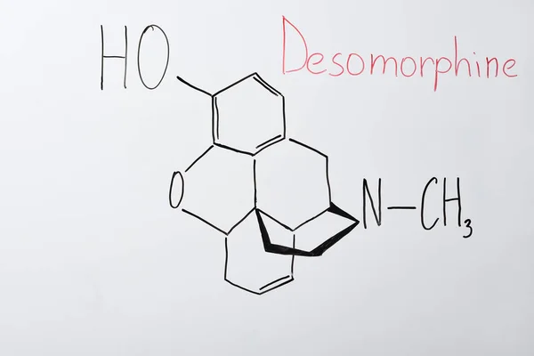 Widok Góry Białej Tablicy Formułą Chemiczną Napisem Desomorphine — Zdjęcie stockowe