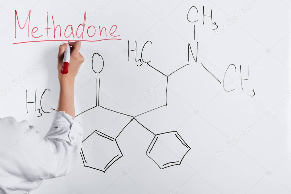 cropped view of woman writing methadone on white board 