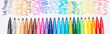 Panoramic shot of set of bright color felt-tip pens without cups isolated on white clipart