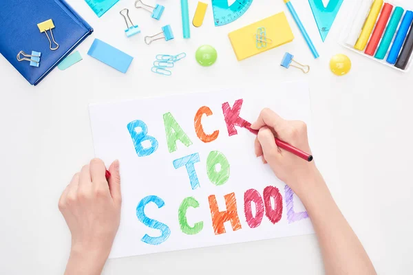 Cropped Image Schoolgirl Holding Card Back School Lettering Isolated White — Stock Photo, Image