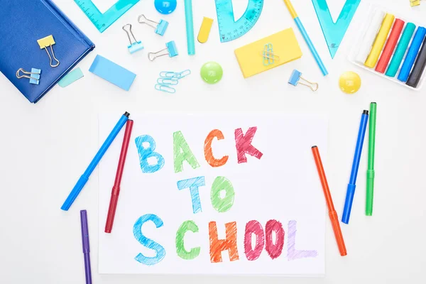 Top View Paper Back School Lettering Colorful Felt Tip Pens — Stock Photo, Image