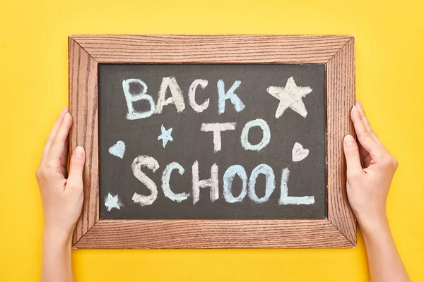 Partial View Schoolgirl Holding Chalkboard Back School Lettering — Stock Photo, Image