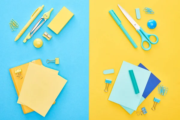 Top View Different Colorful Stationery Yellow Blue Notepads Bicolor Background — Stock Photo, Image