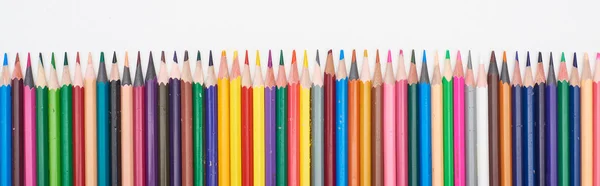 Panoramic Shot Straight Line Color Pencils Isolated White — Stock Photo, Image