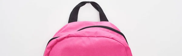 Foto Panorámica Bolsa Escolar Cerrada Color Rosa Brillante Aislada Blanco —  Fotos de Stock