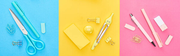 Панорамный снимок различных синих, желтых и розовых канцелярских принадлежностей на трехцветном фоне
