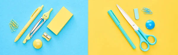 Top View Yellow Blue Stationery Bicolor Background — Stock Photo, Image