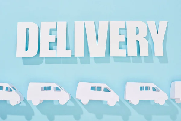 White Delivery Inscription Shadow Mini Vans Blue Background — Stock Photo, Image