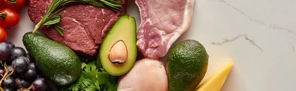 Panoramic Shot Avocados Raw Meat Chicken Fillet Tomatoes Grape Cheese — Stock Photo, Image