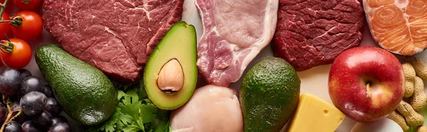 Panoramic Shot Raw Meat Fish Poultry Avocados Tomatoes Grape Apple — Stock Photo, Image