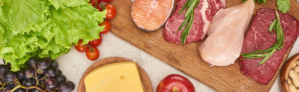 Panoramic Shot Wooden Cutting Board Raw Fish Meat Poultry Tomatoes Royalty Free Stock Photos