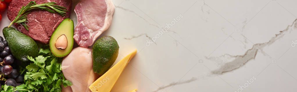 Panoramic Shot Raw Meat Poultry Fillet Avocados Cheese Greenery Marble Royalty Free Stock Images