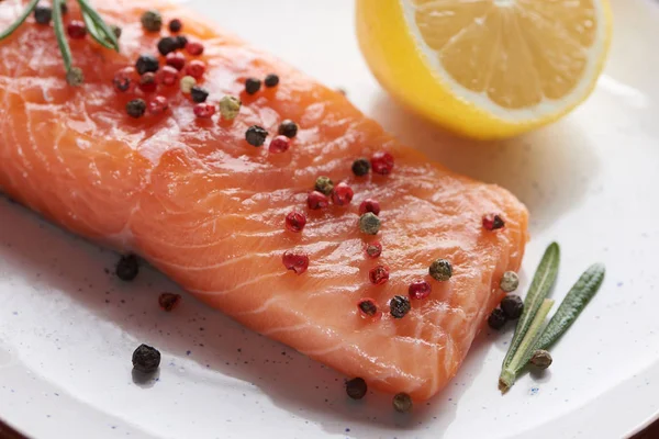 Close View Raw Fresh Salmon Pepper Lemon Rosemary — Stock Photo, Image