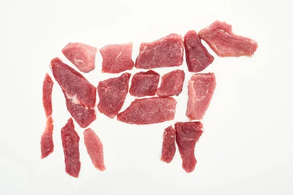 Vista Superior Imagem Vaca Feita Com Peaces Carne Isolados Branco — Fotografia de Stock