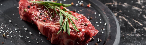 panoramic shot of raw beef fillet with rosemary twig sprinkled with salt and pepper on round wooden surface