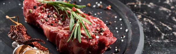 panoramic shot of raw beef fillet with rosemary twig sprinkled with salt and pepper near garlic and cayenne on round wooden surface