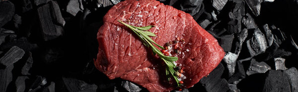 panoramic shot of raw beef sirloin with rosemary, salt and pepper on coal pieces