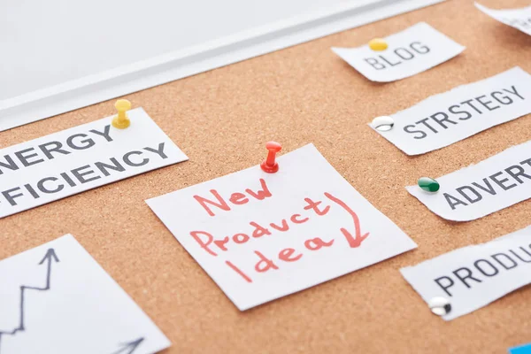 Cards New Product Idea Text Pinned Cork Office Board — Stock Photo, Image