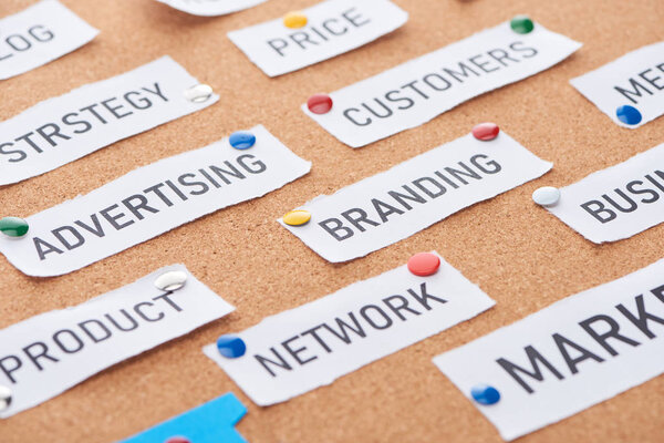 paper card with price, advertising, customers, branding, network and product inscriptions pinned on cork office board