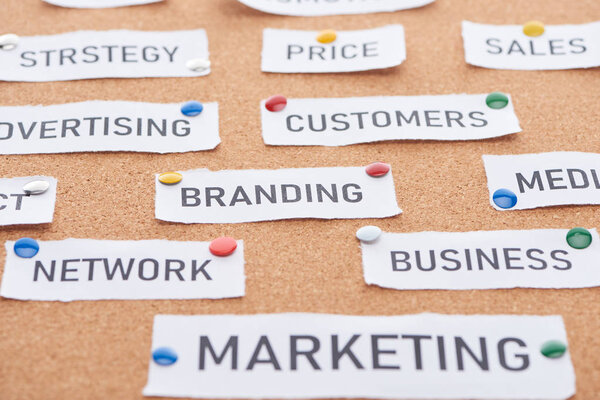 paper card with price, advertising, sales, customers, branding, network, business and marketing lettering pinned on cork office board