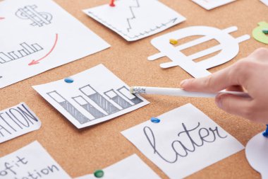 mantar panosunda grafikte beyaz kalem ile işaret kadın kırpılmış görünümü