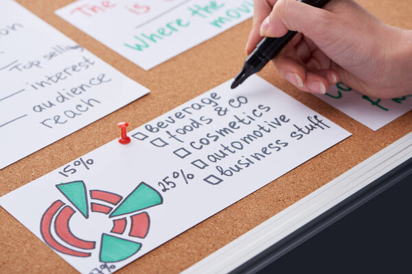 cropped view of woman holding black highlighter near blank with diagram and text pinned on cork board