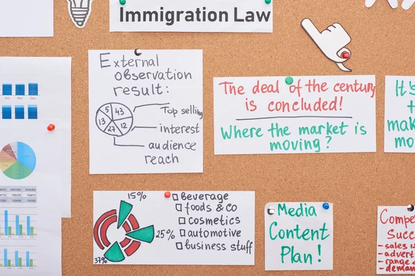 Felső Nézet Kártyák Munka Jegyzetek Diagramok Rögzített Irodai Parafa Fedélzeten — Stock Fotó