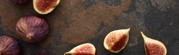 Panoramic Shot Ripe Whole Cut Fresh Figs Stone Background — Stock Photo, Image