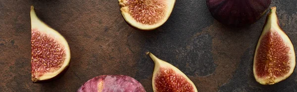 Panoramic Shot Ripe Whole Cut Fresh Figs Stone Textured Background — Stock Photo, Image