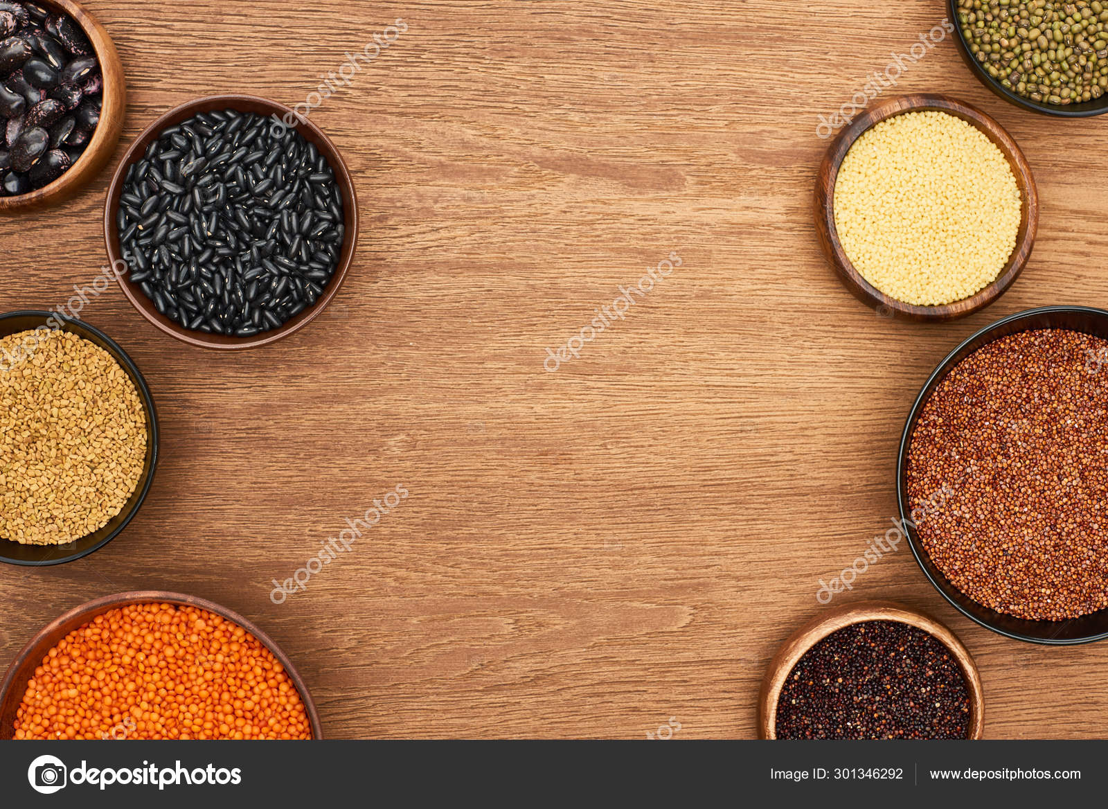 Top View Bowls Quinoa Couscous Beans Chickpea Lentil Wooden Surface