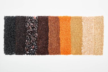 top view of assorted black beans, rice, quinoa, buckwheat, chickpea and red lentil isolated on white clipart