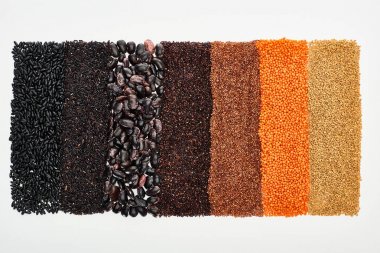 siyah fasulye, pirinç, Kinoa, karabuğday ve kırmızı mercimek üst görünümü beyaz izole