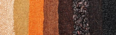 panoramic shot of black beans, rice, quinoa, red lentil, buckwheat and chickpea clipart