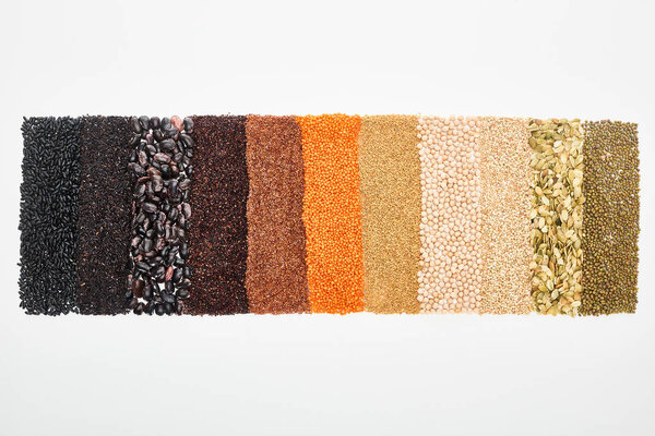 top view of assorted black beans, rice, quinoa, buckwheat, chickpea, red lentil and pumpkin seeds isolated on white