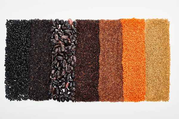 top view of black beans, rice, quinoa, buckwheat, and red lentil isolated on white