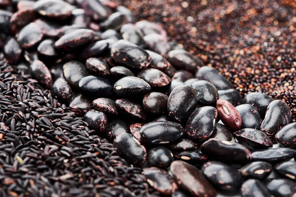 close up view of black beans between quinoa and rice