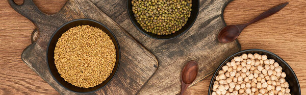 panoramic shot of bowls with chickpea, beans ans grains near spoons on wooden cutting boards