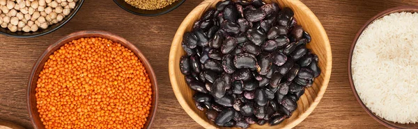 Panoramic Shot Bowls Red Lentil Black Beans White Rice Chickpea — Stock Photo, Image