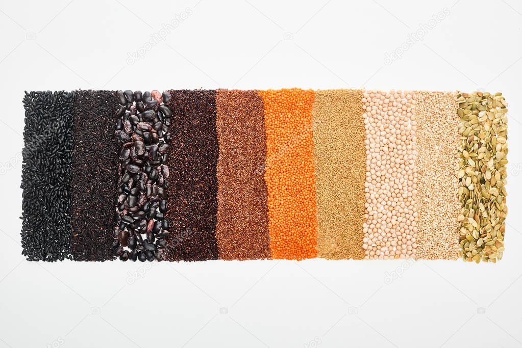 top view of black beans, rice, quinoa, chickpea, pumpkin seeds, buckwheat, and red lentil isolated on white