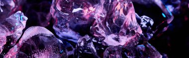 panoramic shot of transparent ice cubes with purple colorful lighting isolated on black clipart