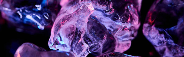 панорамный снимок прозрачных кубиков льда с фиолетовым красочным освещением изолированы на черном
