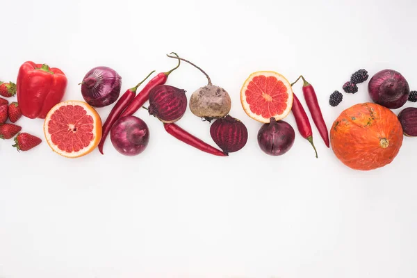 Top View Raw Red Purple Autumn Vegetables Berries Fruit White — Stock Photo, Image