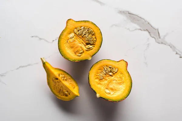 Top View Raw Pumpkin Pieces Marble Surface — Stock Photo, Image