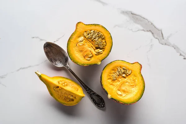 Top View Raw Pumpkin Pieces Spoon Marble Surface — Stock Photo, Image