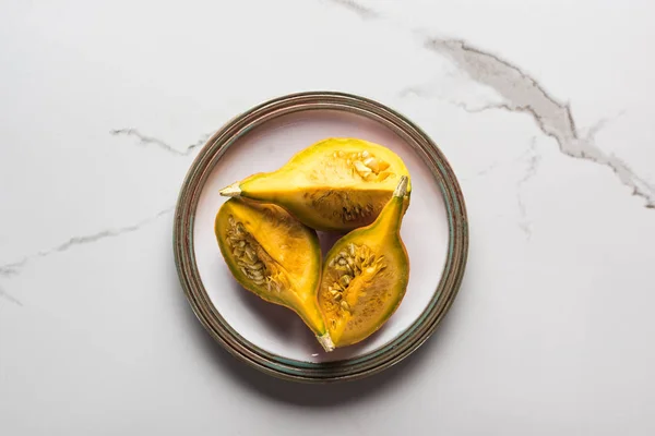 Top View White Plate Pumpkin Marble Surface — Stock Photo, Image