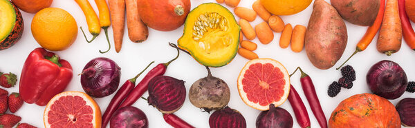panoramic shot of colorful fresh vegetables and fruits on white background