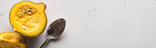 Panoramic Shot Ripe Fresh Pumpkin Spoon Marble Table — Stock Photo, Image